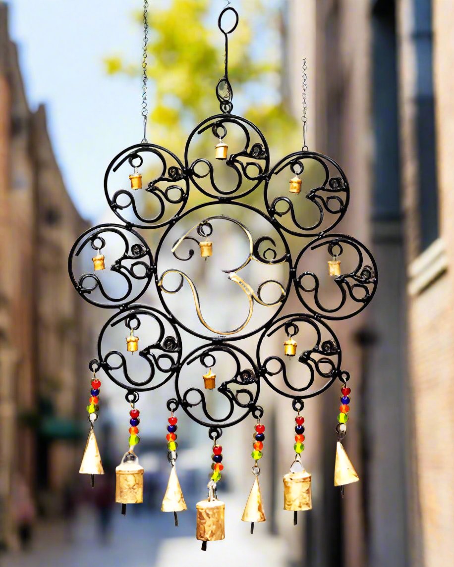 OM Brass Bells with glass beads wall hanging